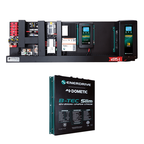 Enerdrive eSYSTEM pre-wired power kit with AC and DC chargers and a 200Ah slim lithium battery