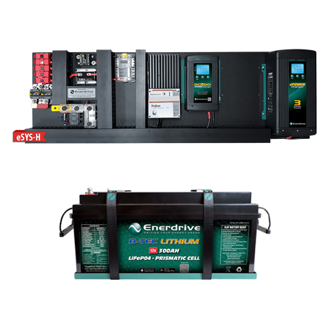 Enerdrive eSYSTEM installation kit featuring AC and DC chargers, solar controller, and a 300Ah B-TEC lithium battery