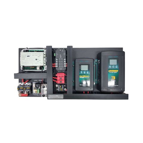 Pre-wired power system featuring AC and DC chargers, Simarine control panel and fuse protection on a black mounting board