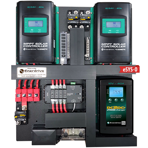 Enerdrive eSYSTEM pre-wired power board with dual MPPT solar controllers and DC-DC charger