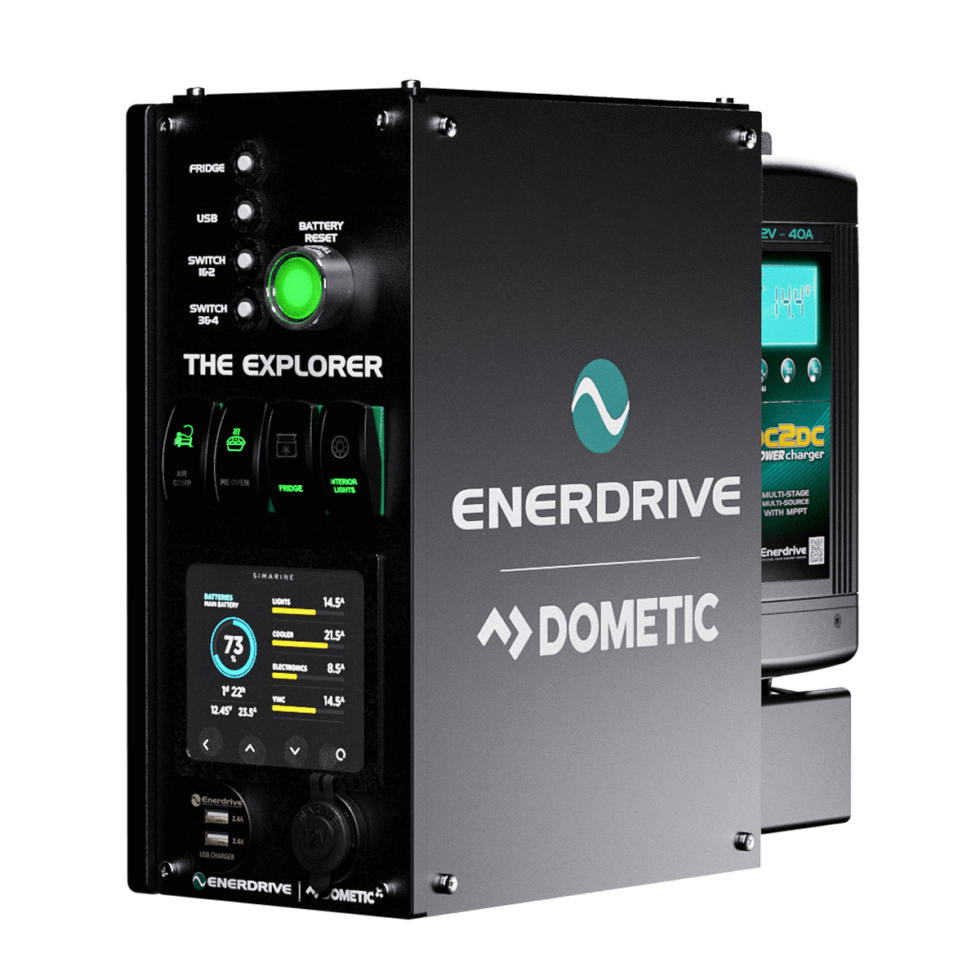Black Enerdrive Explorer canopy power system with Simarine battery monitor and integrated chargers
