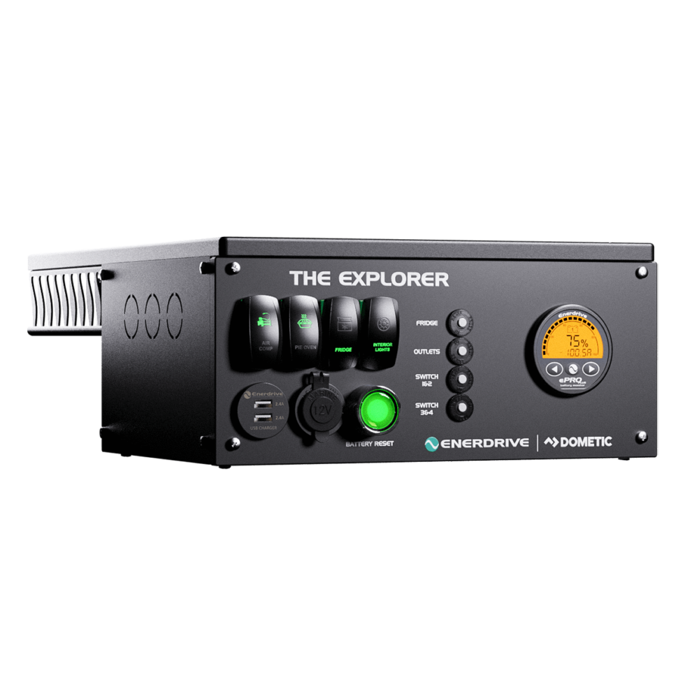 Horizontal top-mount configuration of the black Enerdrive Explorer canopy power system