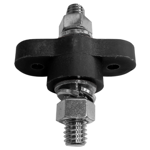 Black terminal feed-through connector with stainless steel 3/8-16 stud and two-hole mounting flange