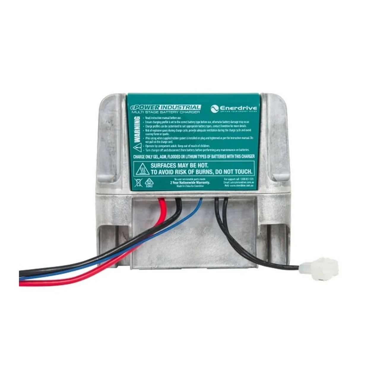 Top view of Enerdrive 48V 35A industrial charger with cast aluminium casing and safety warning label