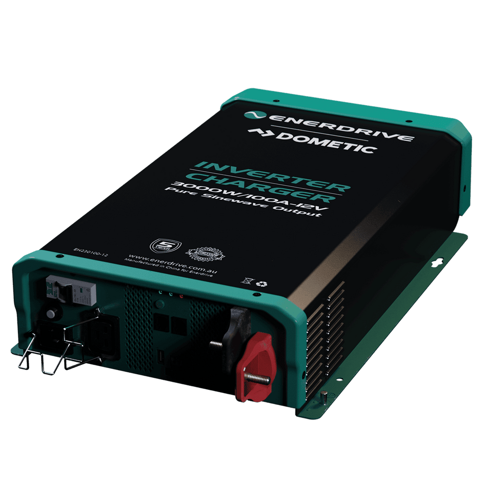 Angled view showing AC sockets, DC terminals and cooling vents on the inverter charger