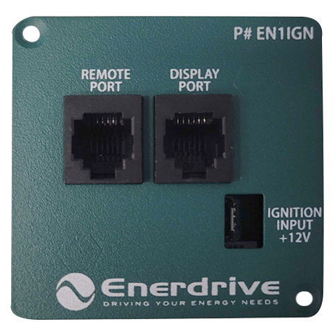 Front view of Enerdrive ignition remote module featuring remote port, display port and 12V ignition input