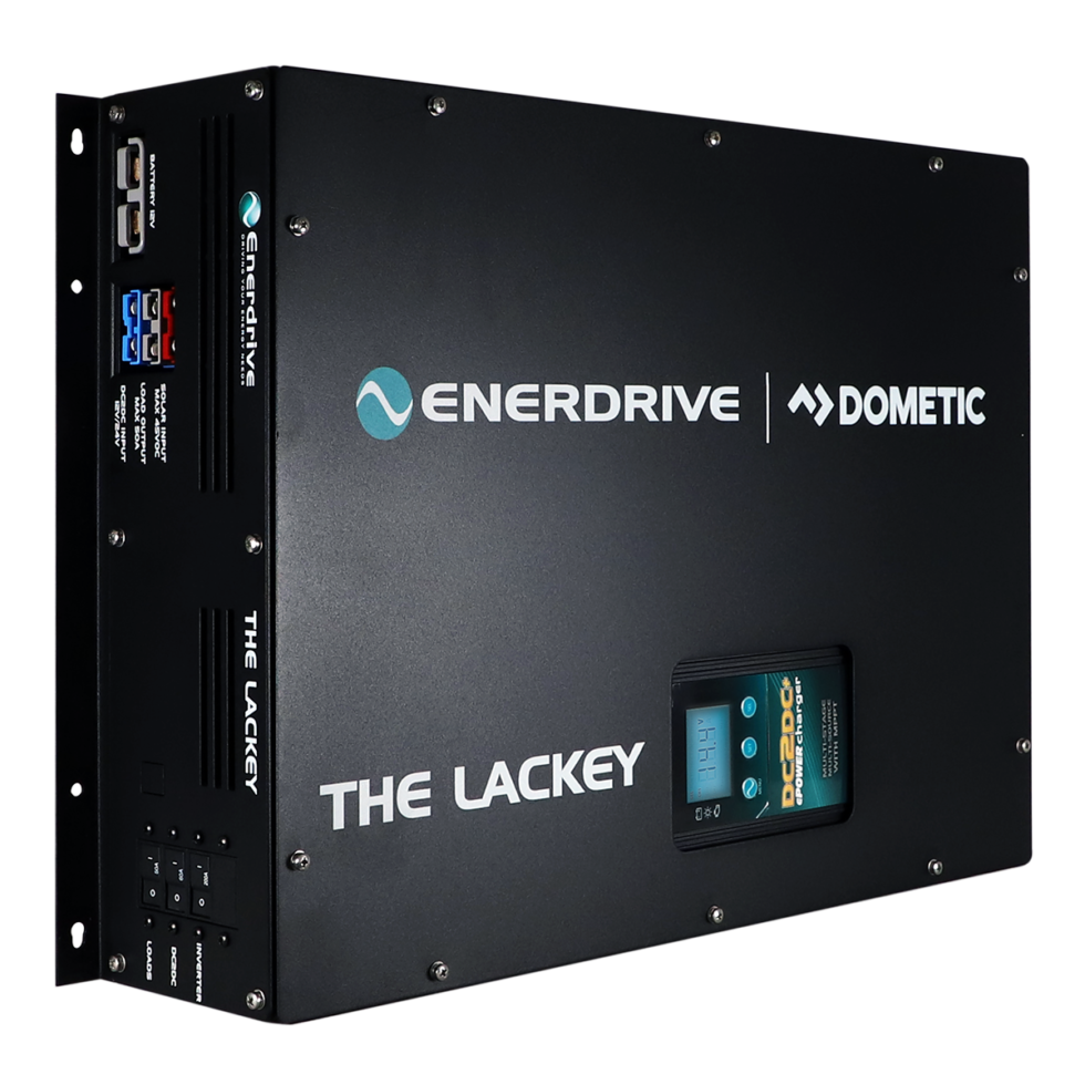 Front view of black metal enclosure for Enerdrive Lackey featuring the DC2DC charger display