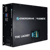 Front view of black metal enclosure for Enerdrive Lackey featuring the DC2DC charger display