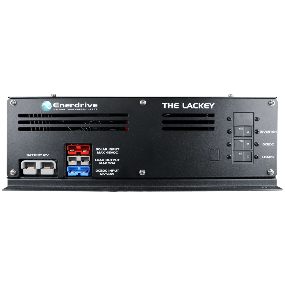 Output interface of Enerdrive Lackey featuring AC powerpoint, USB ports, and 12V DC sockets