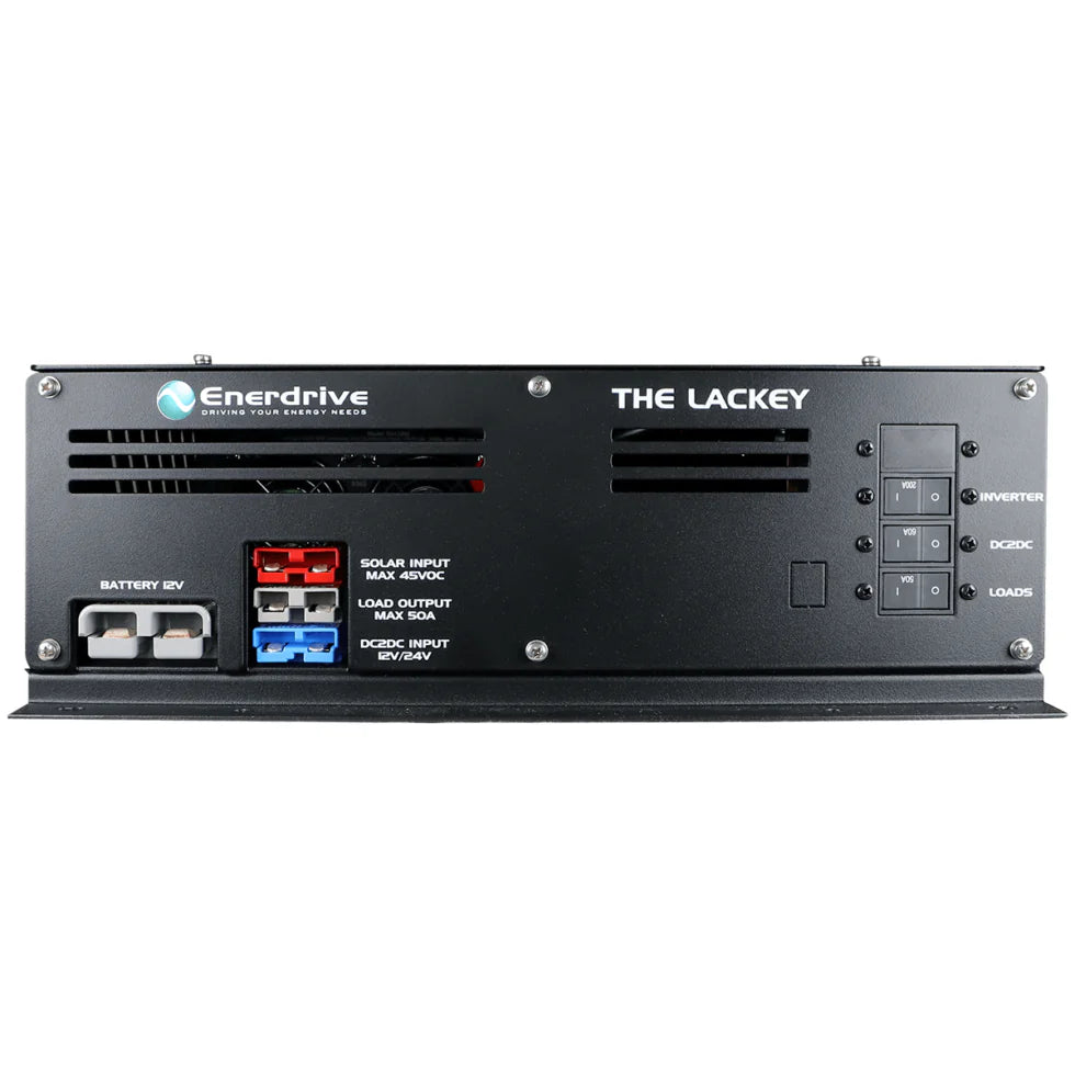 Output interface of Enerdrive Lackey featuring AC powerpoint, USB ports, and 12V DC sockets