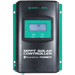 Front view of Enerdrive 40A MPPT solar controller with LCD screen and green mounting flanges