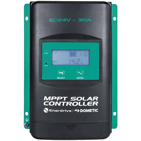 Front view of 30A MPPT solar charge controller with LCD screen, navigation buttons and green mounting flanges