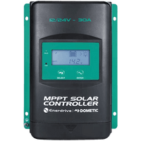 Front view of 30A MPPT solar charge controller with LCD screen, navigation buttons and green mounting flanges