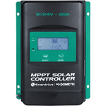 Front view of 20A MPPT solar controller with LCD display showing 14.2V and green mounting flanges