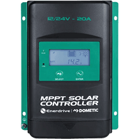 Front view of 20A MPPT solar controller with LCD display showing 14.2V and green mounting flanges