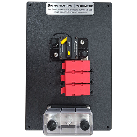 Enerdrive power distribution module featuring a 120A circuit breaker and fuse holders on a black ABS backboard