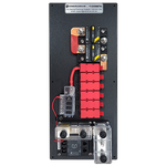 Top-down view of Enerdrive power distribution module with battery monitor, circuit breakers, and fuse holders