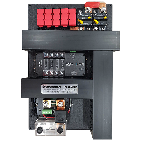 Enerdrive pre-wired power distribution module showing circuit breakers, fuse holders and Simarine shunts