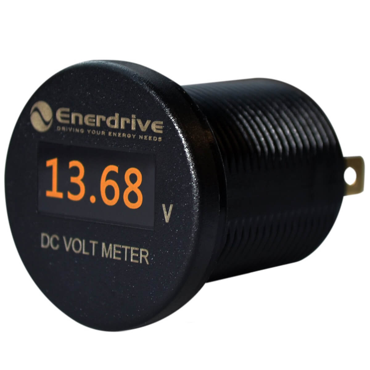 Round Enerdrive DC voltmeter with orange digital OLED display showing a 13.68V reading
