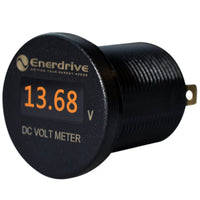 Round Enerdrive DC voltmeter with orange digital OLED display showing a 13.68V reading