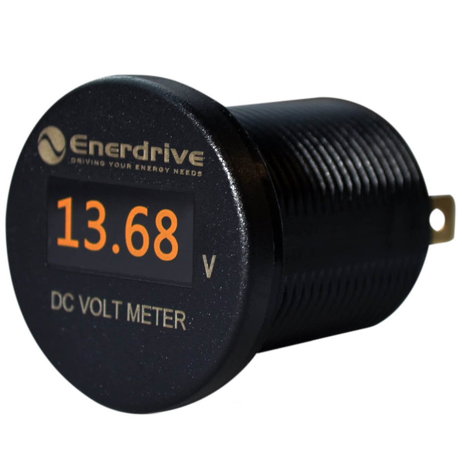 Round Enerdrive DC voltmeter with orange digital OLED display showing a 13.68V reading