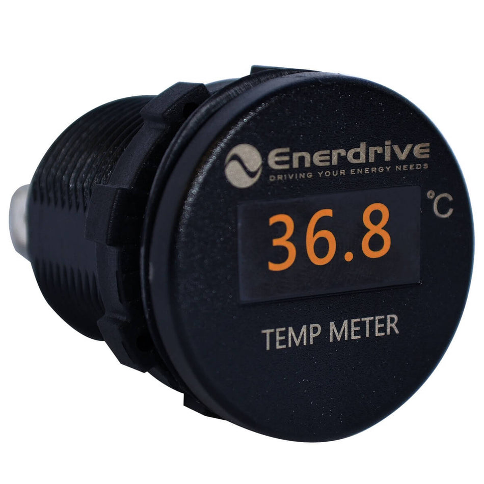 Round digital OLED temperature monitor with orange numeric display and threaded body for panel mounting