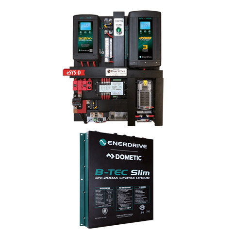 Enerdrive Simarine eSYSTEM 40/40 installation board and 200Ah B-TEC slim lithium battery