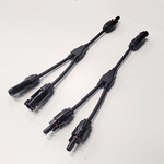 Pair of black Y-branch solar panel parallel wiring connectors with MC4 compatible ends