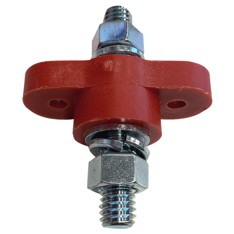 Red terminal feed-through connector with 3/8-16 stud for passing high-current cables through bulkheads