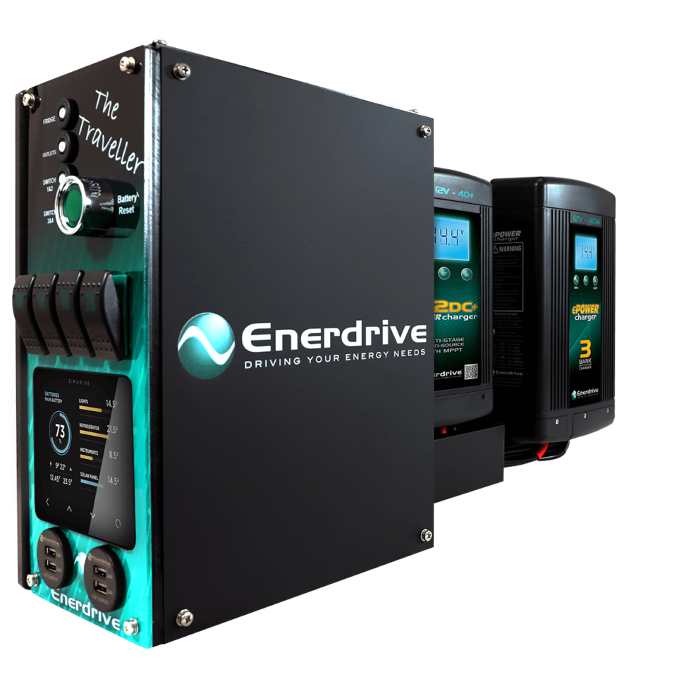 Left-hand canopy power system with Simarine monitor, rocker switches and dual battery chargers