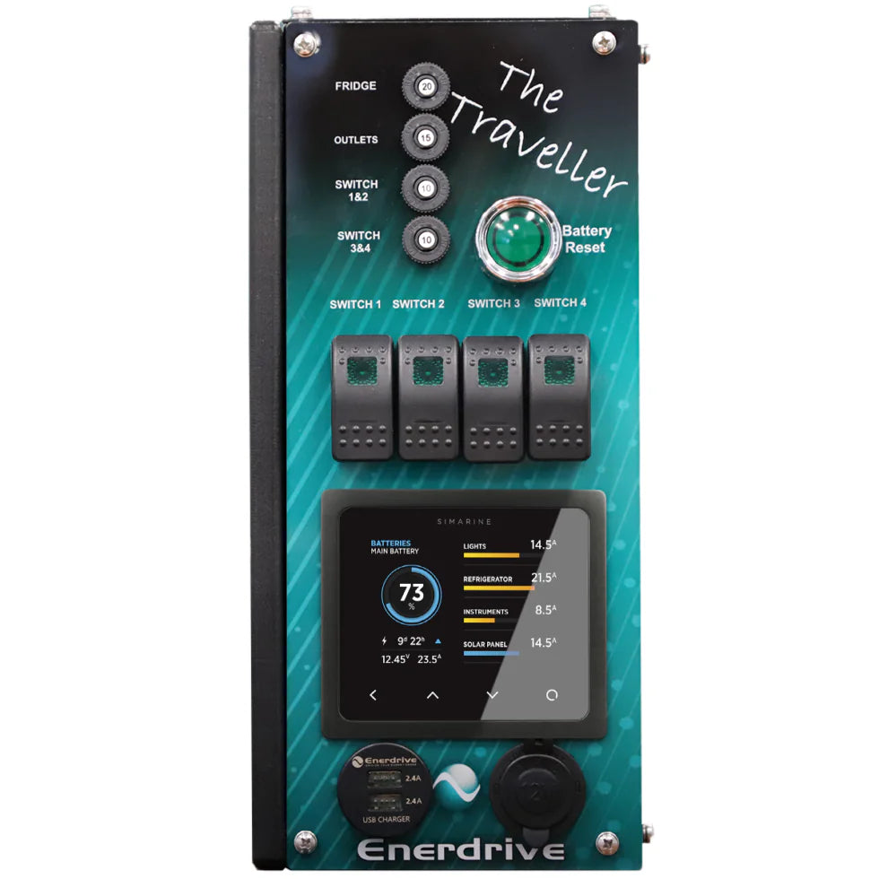 Front view of Traveller power system panel with Simarine PICO display and rocker switches