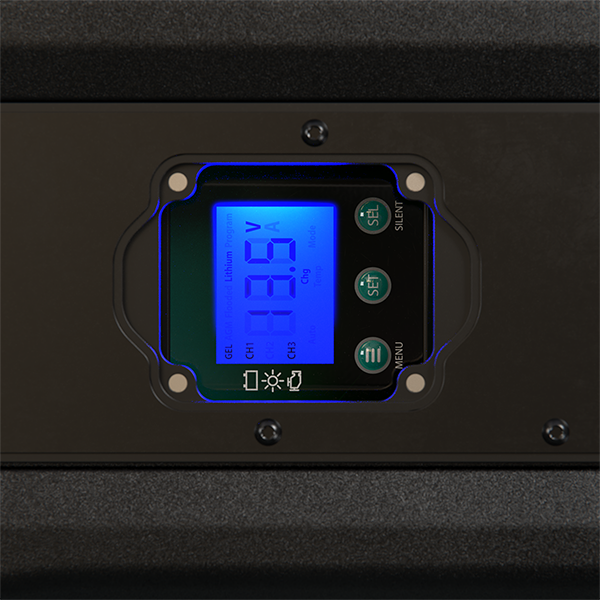 Close-up of ePRO+ battery monitor blue backlit LCD screen showing system metrics