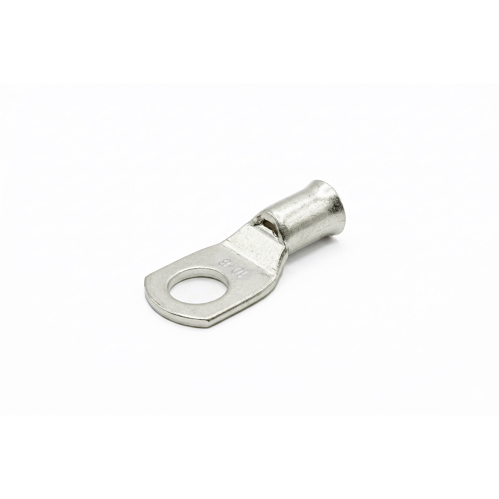 Tin-plated 10mm² copper lug with M8 hole and flared bellmouth entry