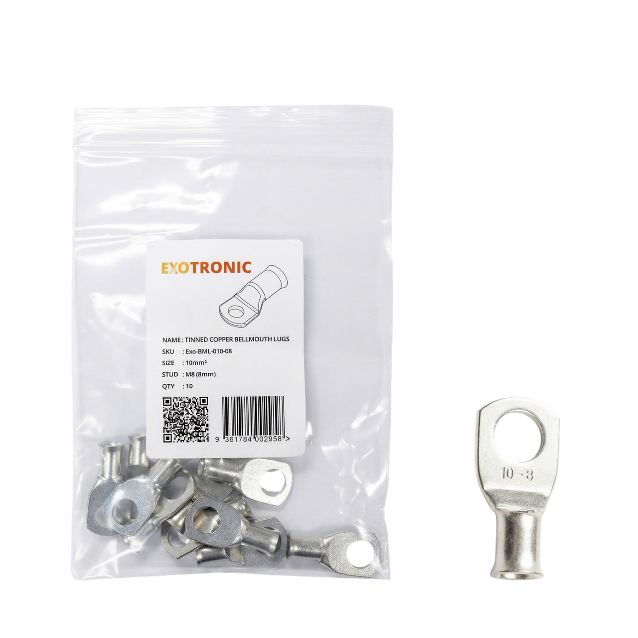 10 pack of Exotronic 10mm2 tinned copper lugs with M8 stud hole in clear packaging with one loose lug