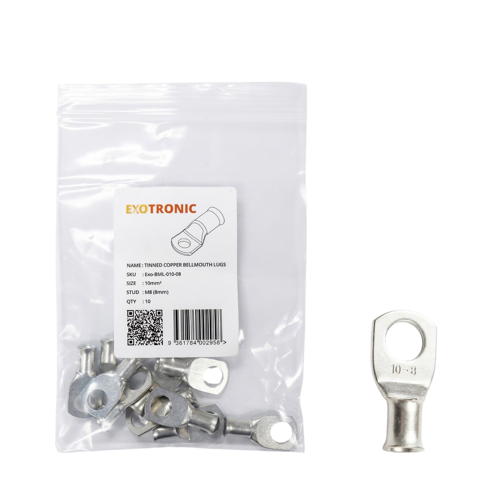 10 pack of Exotronic 10mm2 tinned copper lugs with M8 stud hole in clear packaging with one loose lug