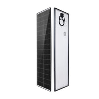 Perspective front and rear views of the narrow 115W solar panel