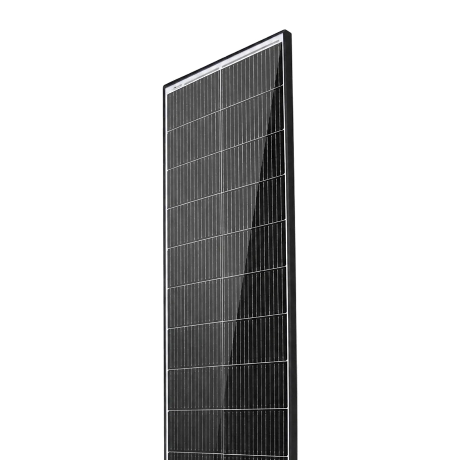 Angled view showing the tempered glass surface and slim black frame of the 115W solar panel