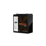 Perspective view of a black 12V 20Ah lithium battery with brass terminals and waterproof certification markings