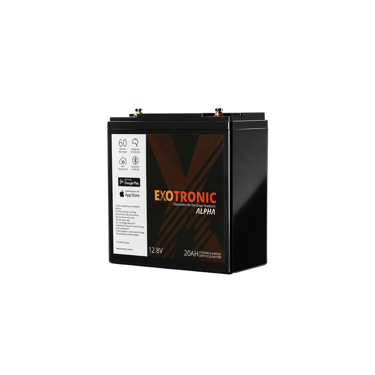 Perspective view of a black 12V 20Ah lithium battery with brass terminals and waterproof certification markings