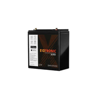Perspective view of a black 12V 20Ah lithium battery with brass terminals and waterproof certification markings