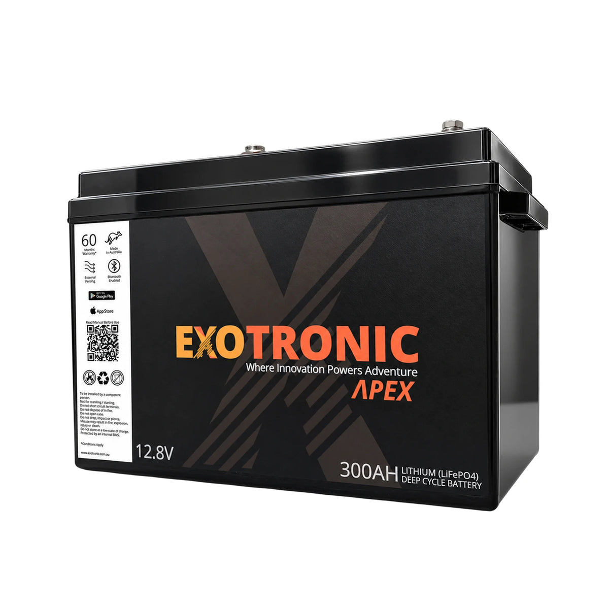 Exotronic 12V 300Ah Apex lithium battery in a black ABS case with orange branding