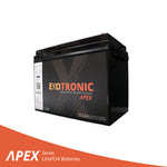 Angled view of Exotronic Apex 12V 350Ah lithium battery showing black case and terminals