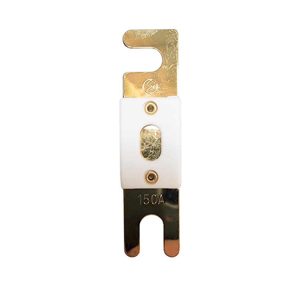 Top-down view of 150A ANL fuse with gold-plated terminals and white ceramic housing