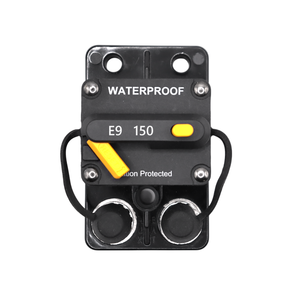 Top-down view of 150A waterproof circuit breaker showing reset lever and terminals