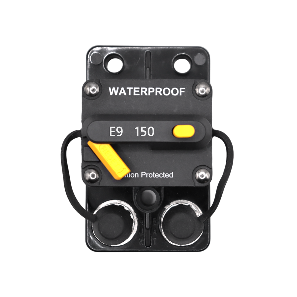 Top-down view of 150A waterproof circuit breaker showing reset lever and terminals