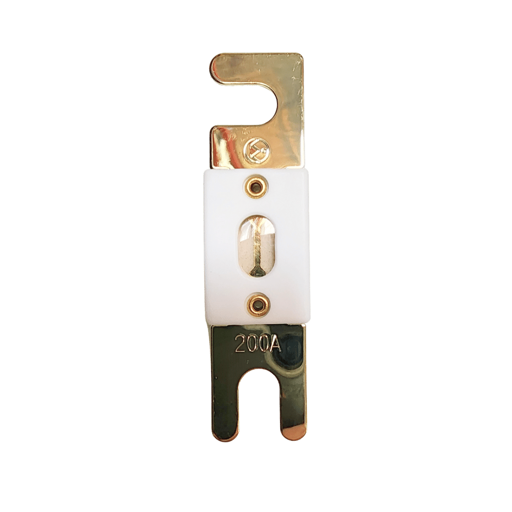 Top-down view of 200A ANL fuse with gold-plated terminals and ceramic housing