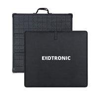200W folding solar panel and protective carry bag with Exotronic branding