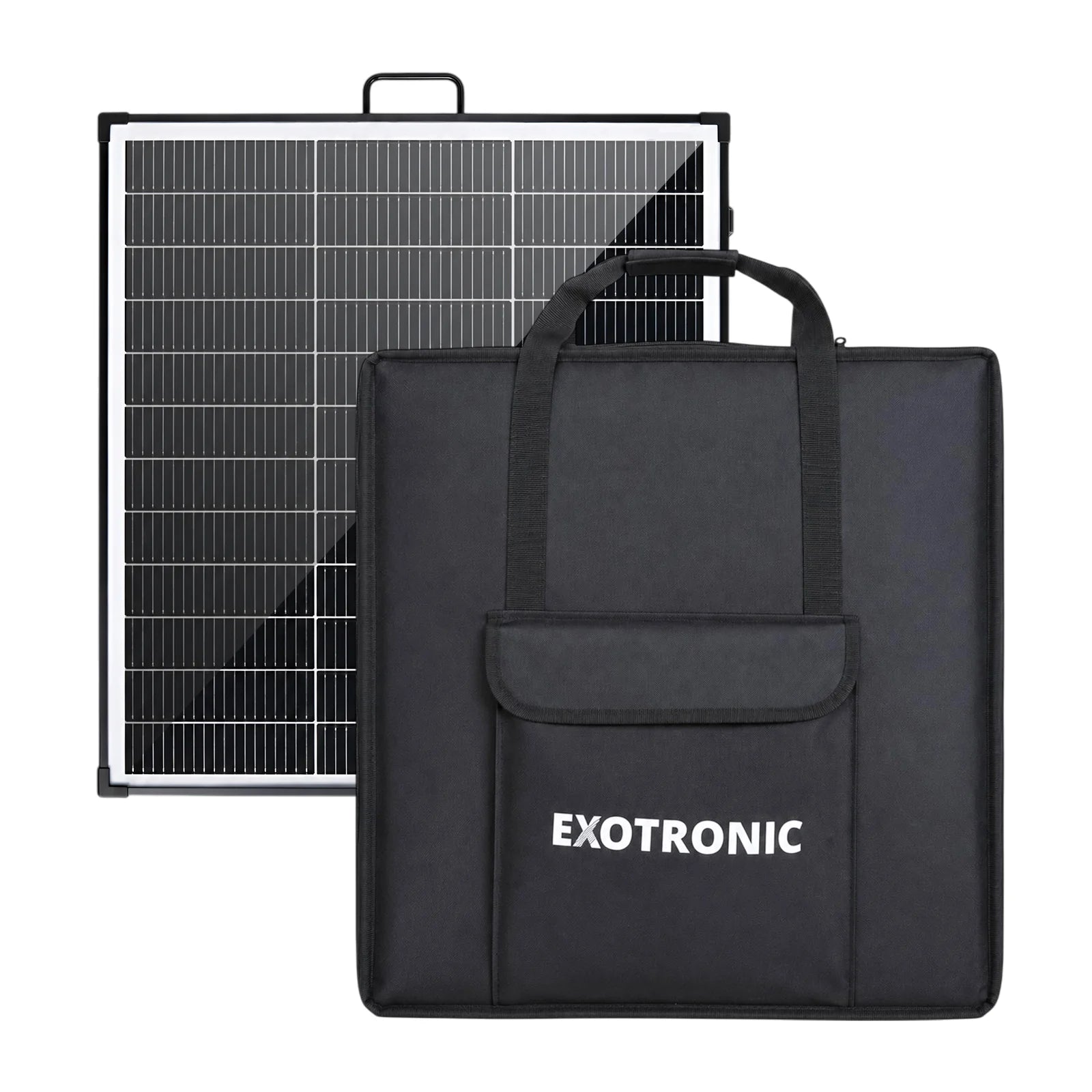 200W folding solar panel standing behind a black padded carry bag with front pocket