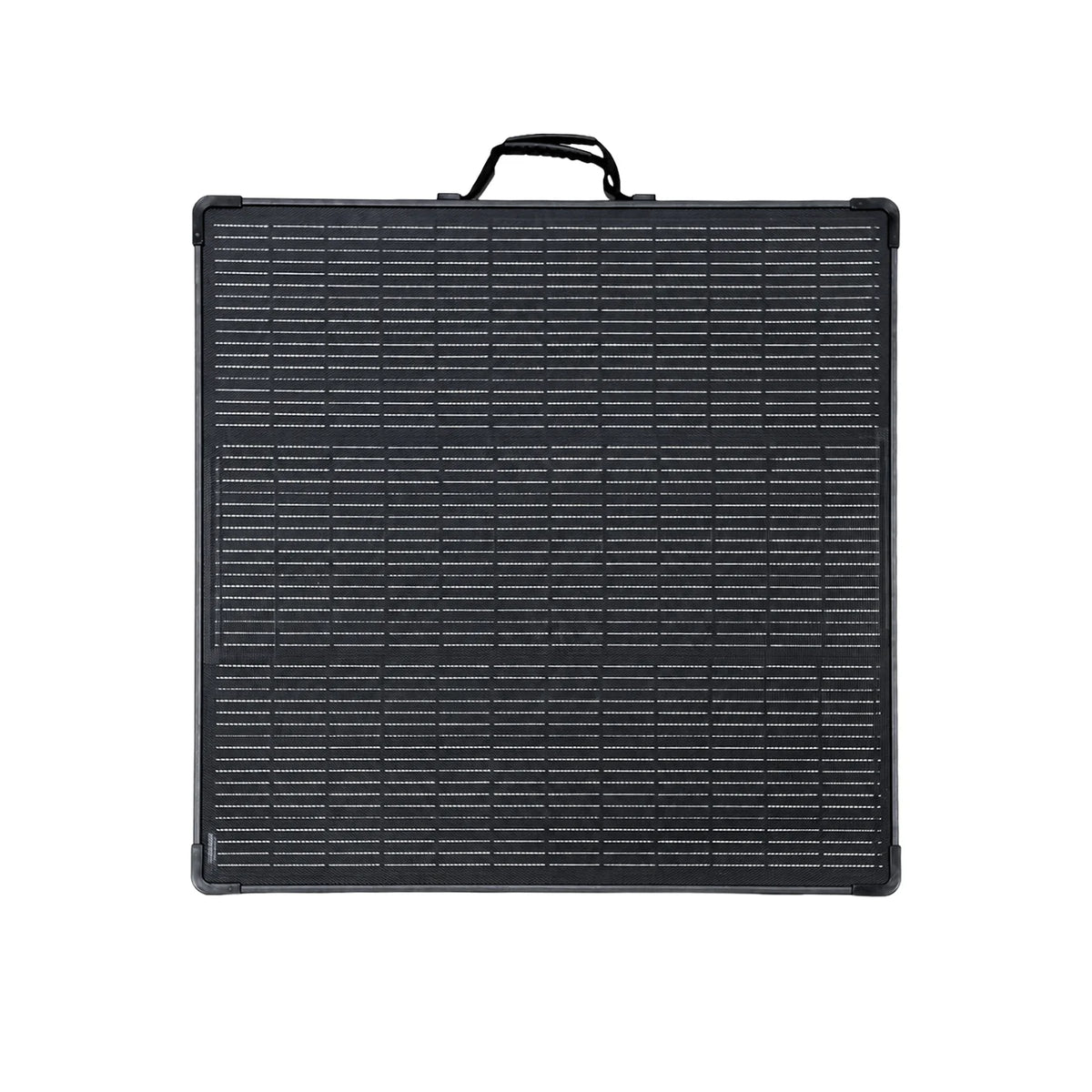 Front view of 200W ultra-light folding solar panel showing black cells and integrated handle