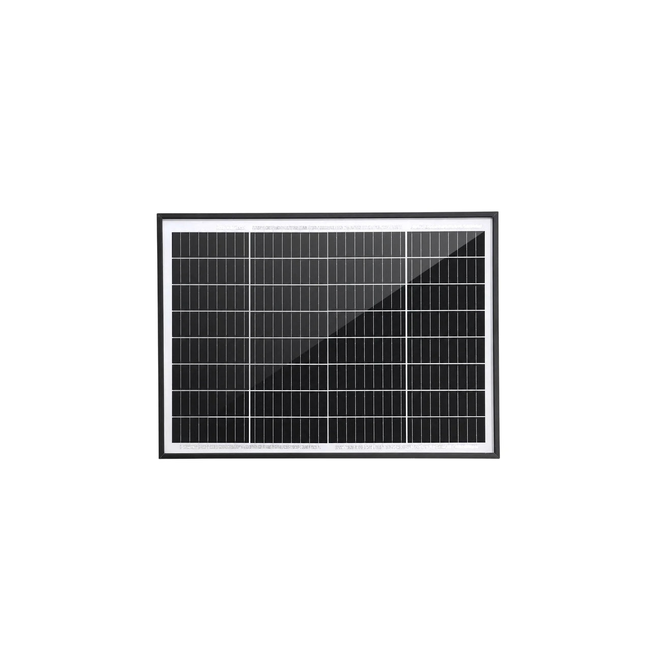 Front view of a 20W solar panel with black anodised aluminium frame and tempered glass
